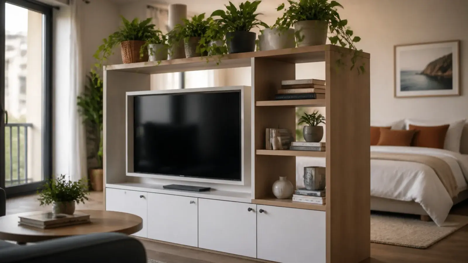 freestanding double sided media unit dividing a studio living space