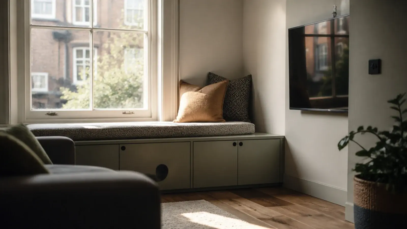 low media unit running beneath a window and stopping at sill height