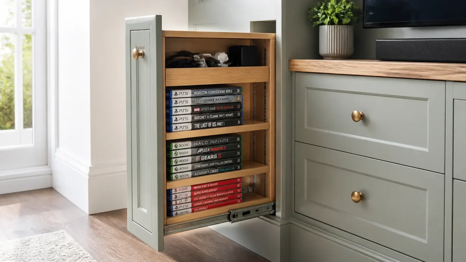 narrow pull out storage tower drawn out beside a media unit