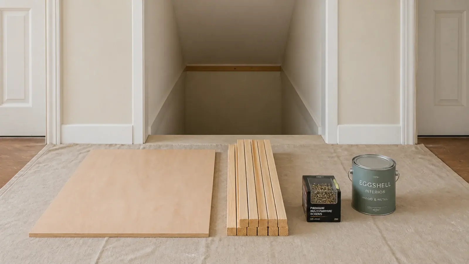 plywood sheet batten and screws laid out before an under stairs build