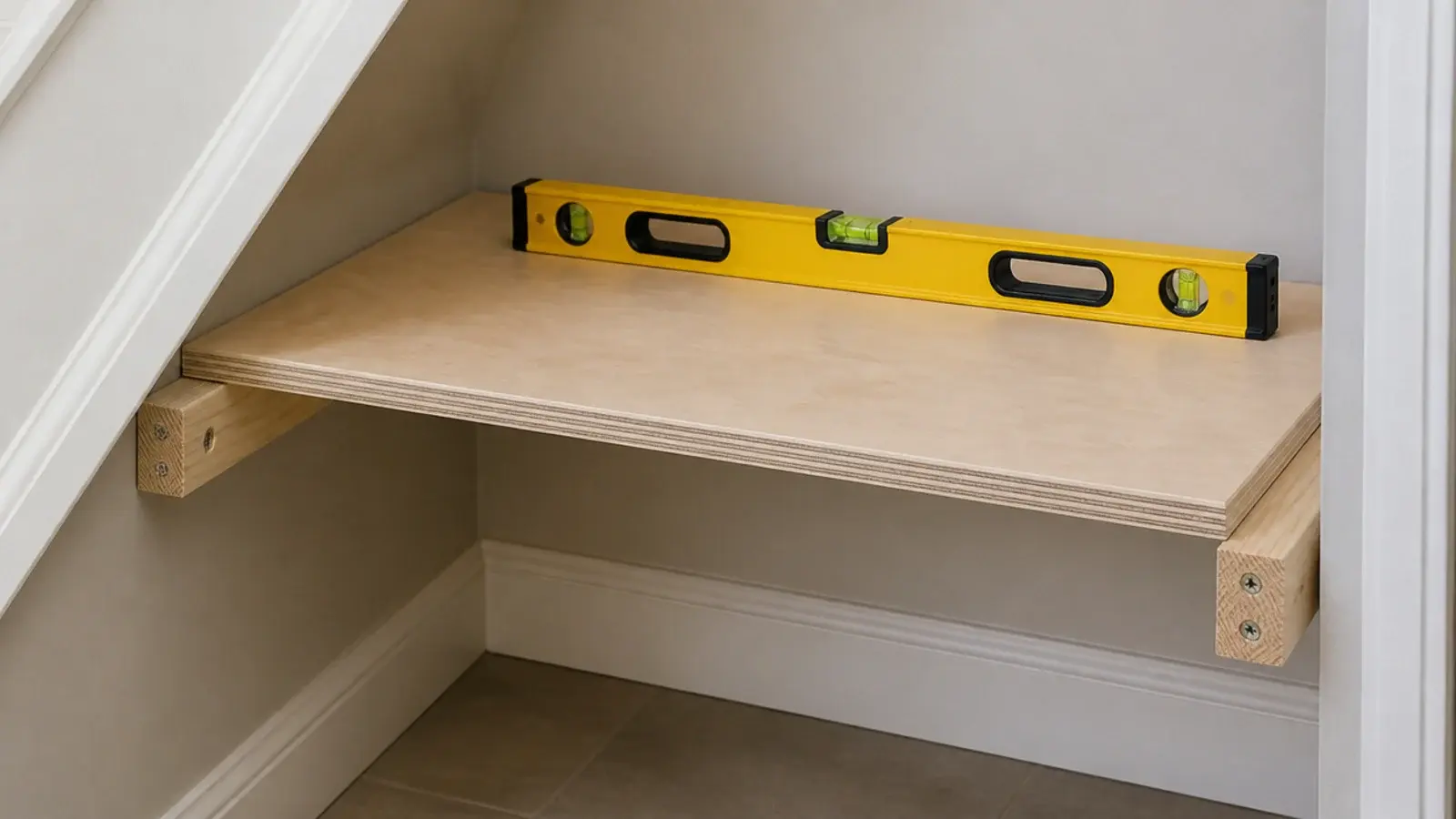 plywood shelf resting on pine battens inside a stair recess
