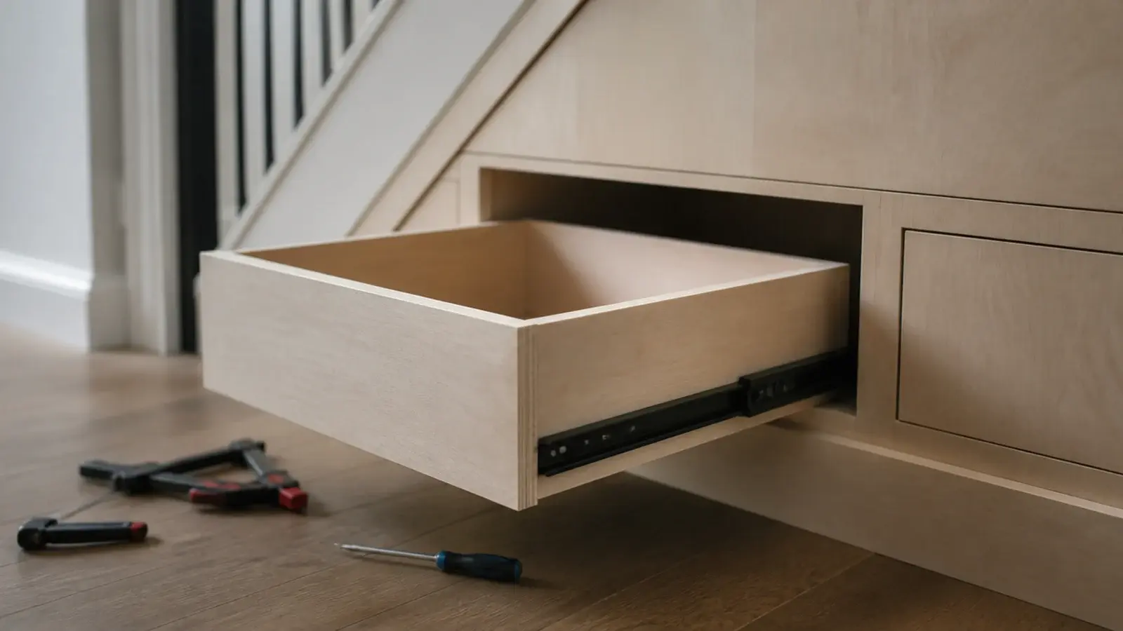 plywood drawer box mounted on black ball bearing runners under stairs