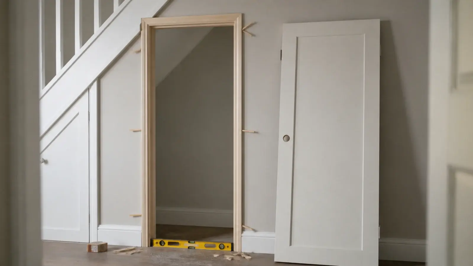 newly built softwood door frame fitted into an under stairs opening