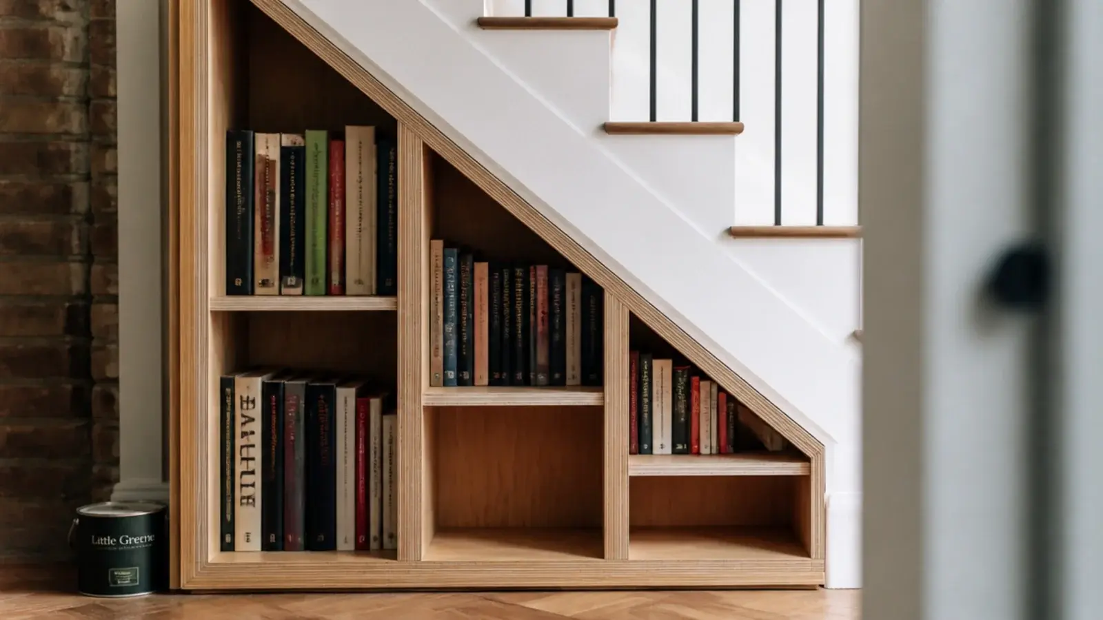 stepped plywood bookcase built to follow a staircase underside