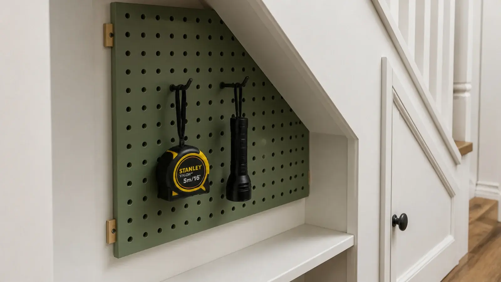 painted pegboard panel fixed on spacers to a stair back wall