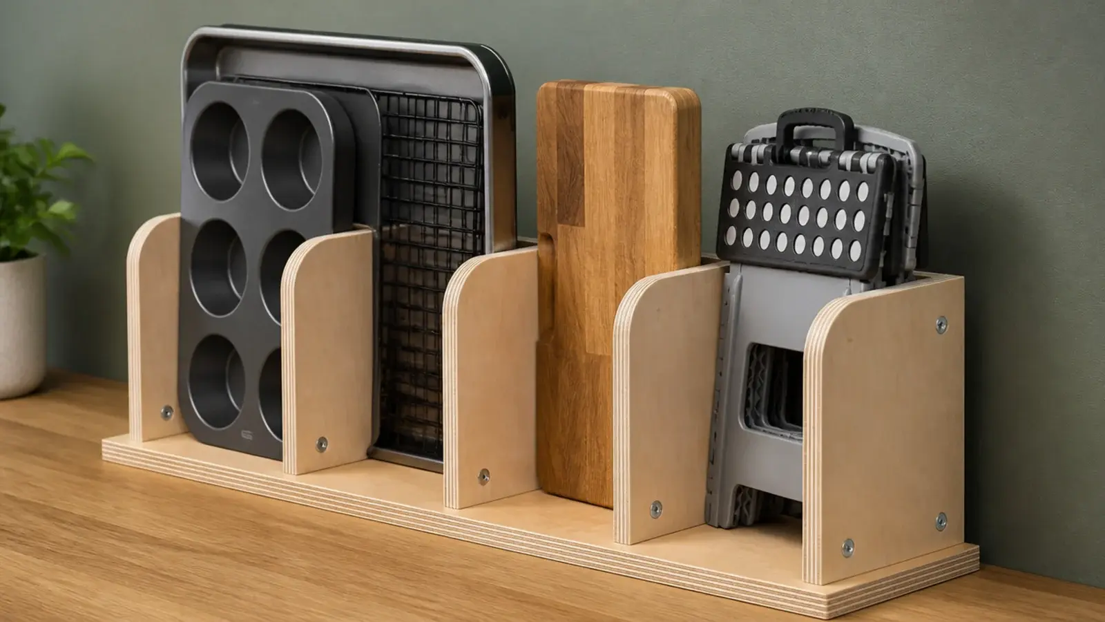 plywood fins dividing a shelf into slots for flat items