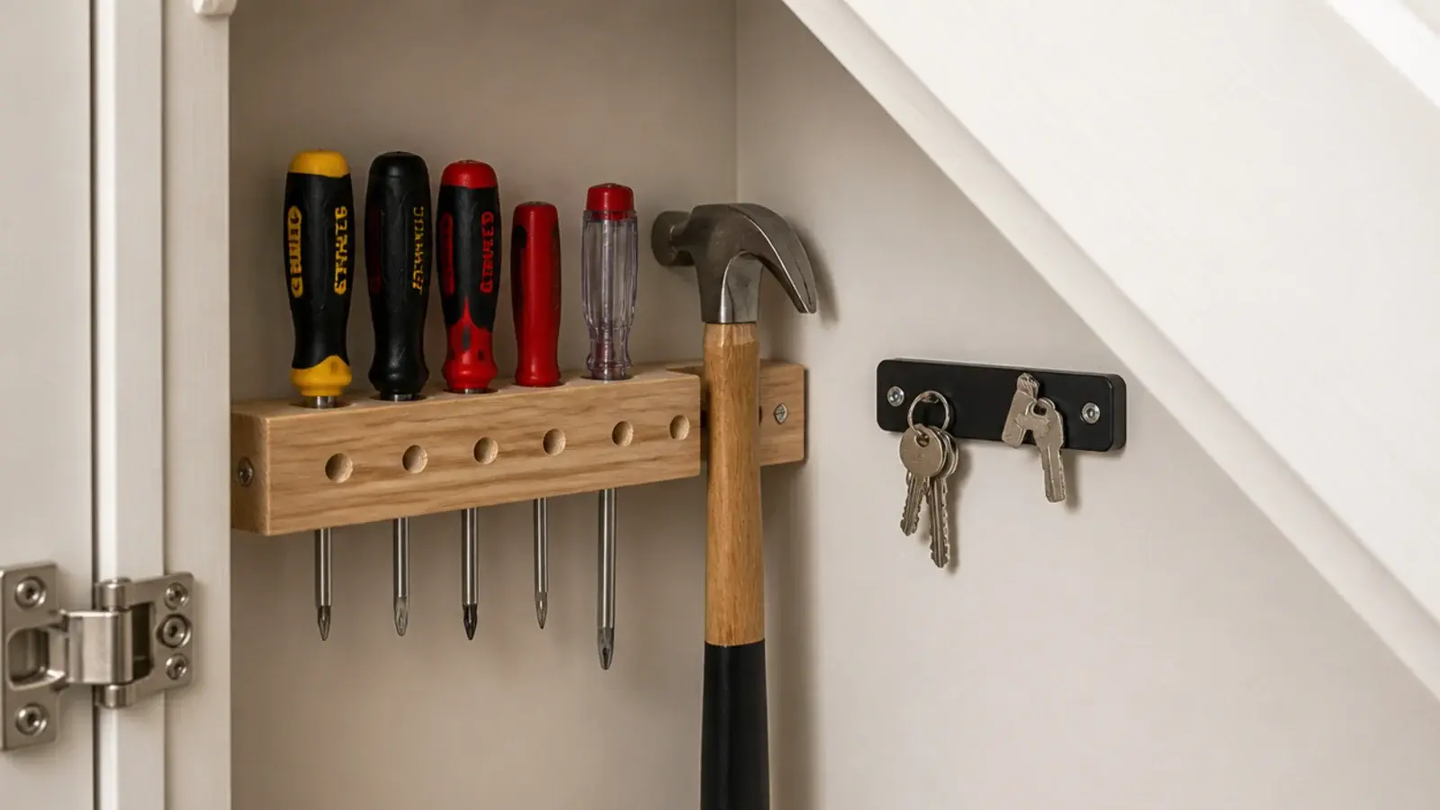 magnetic strip and drilled timber rack holding tools in a cupboard