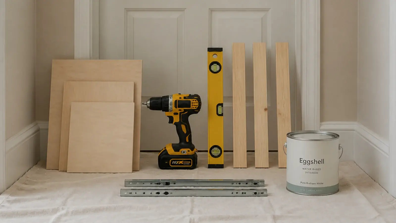 tools and materials laid out for an under stairs storage build