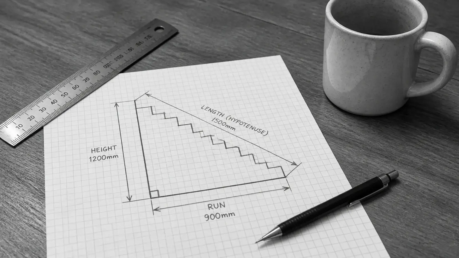 scale drawing of a staircase triangle sketched on graph paper