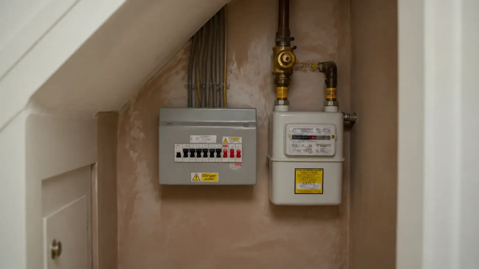 consumer unit and gas meter mounted inside an under stairs recess