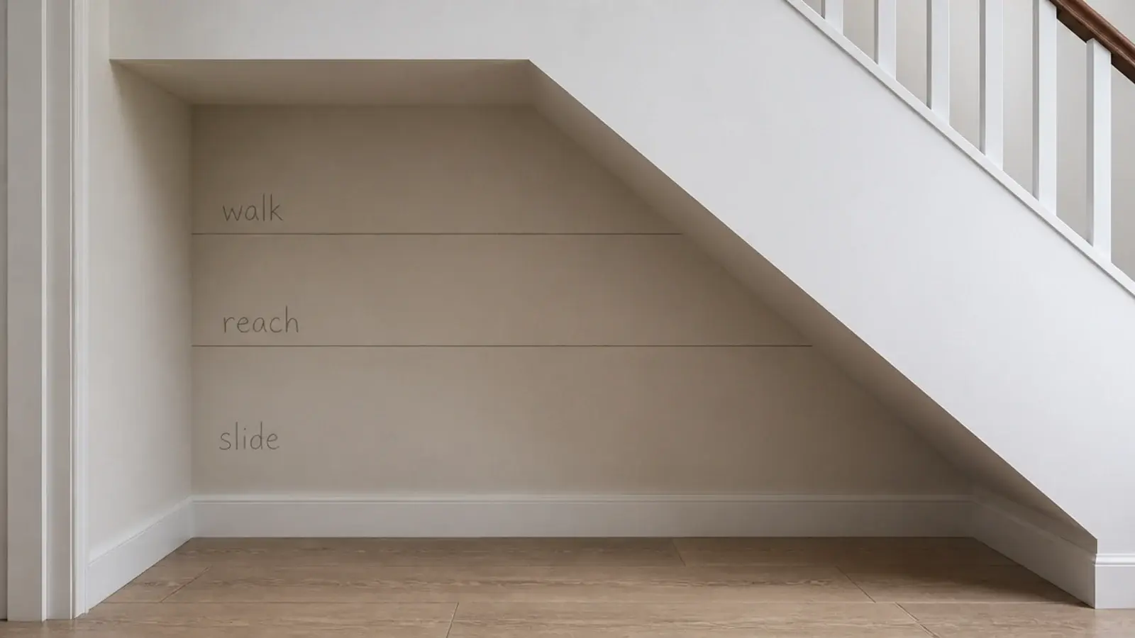 two chalk lines marked across a stair soffit dividing storage bands