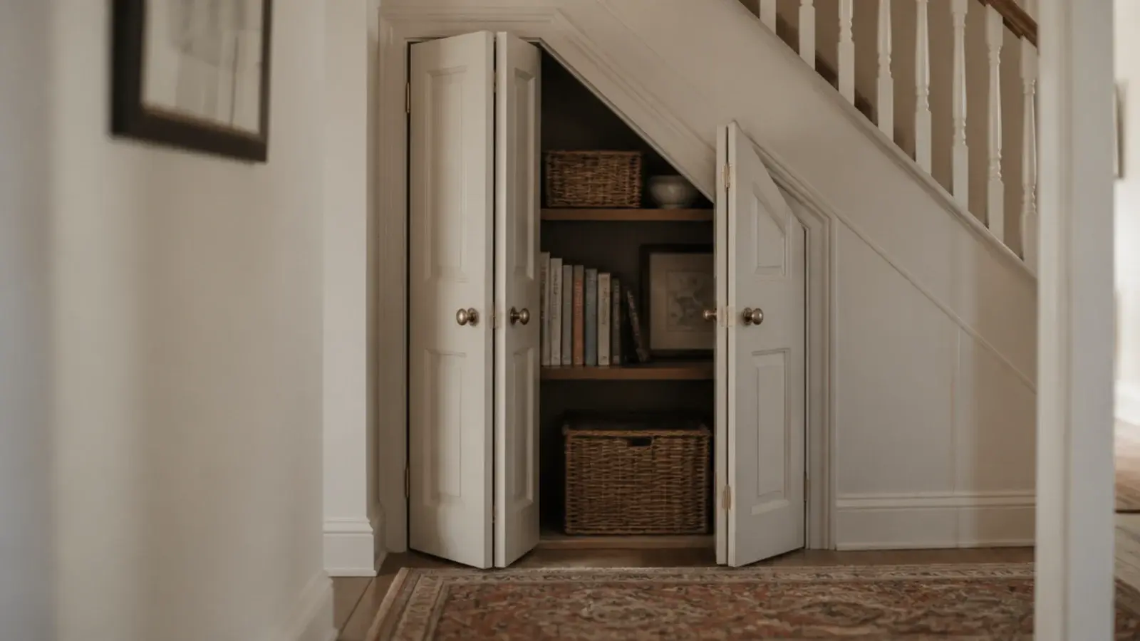 bifold door partly folded back against an under stairs opening