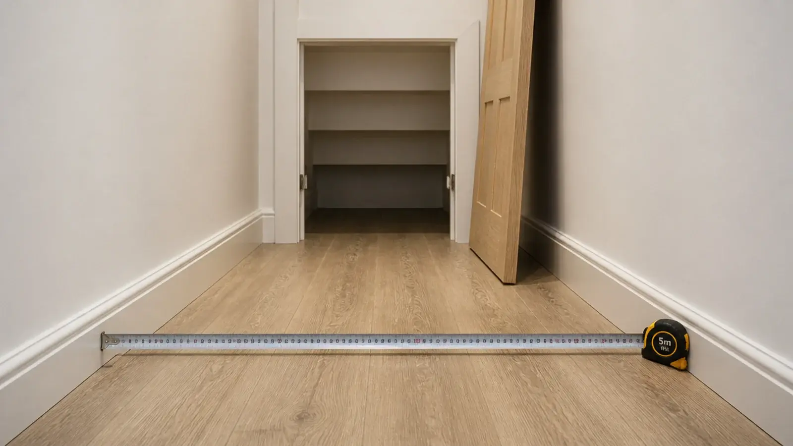 tape measure showing the clear width of a narrow hallway floor