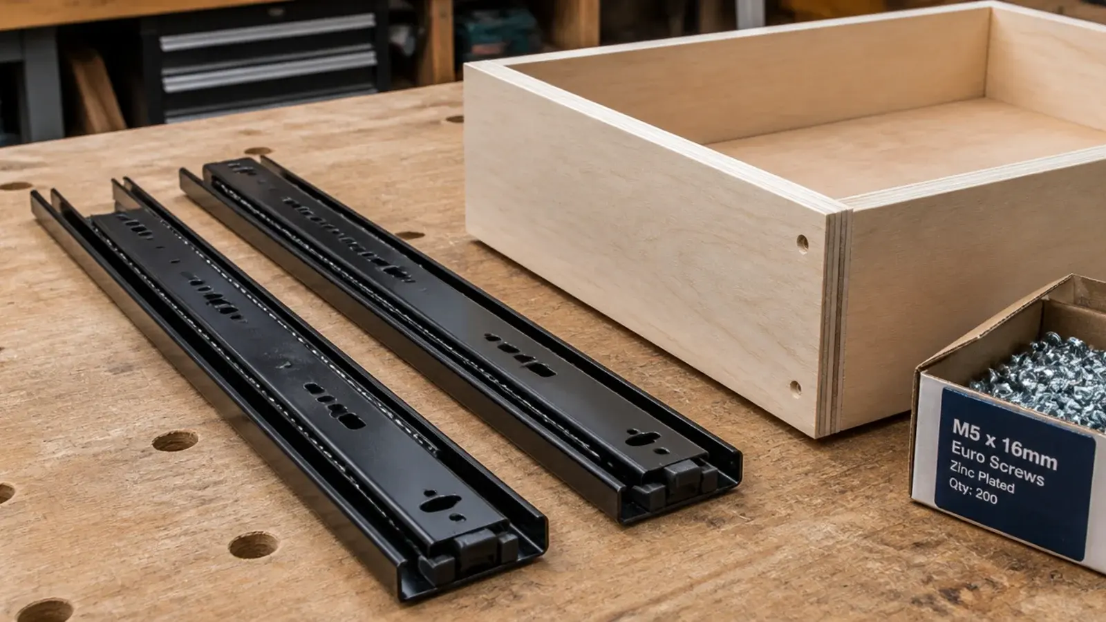 pair of ball bearing drawer runners laid beside a plywood drawer box