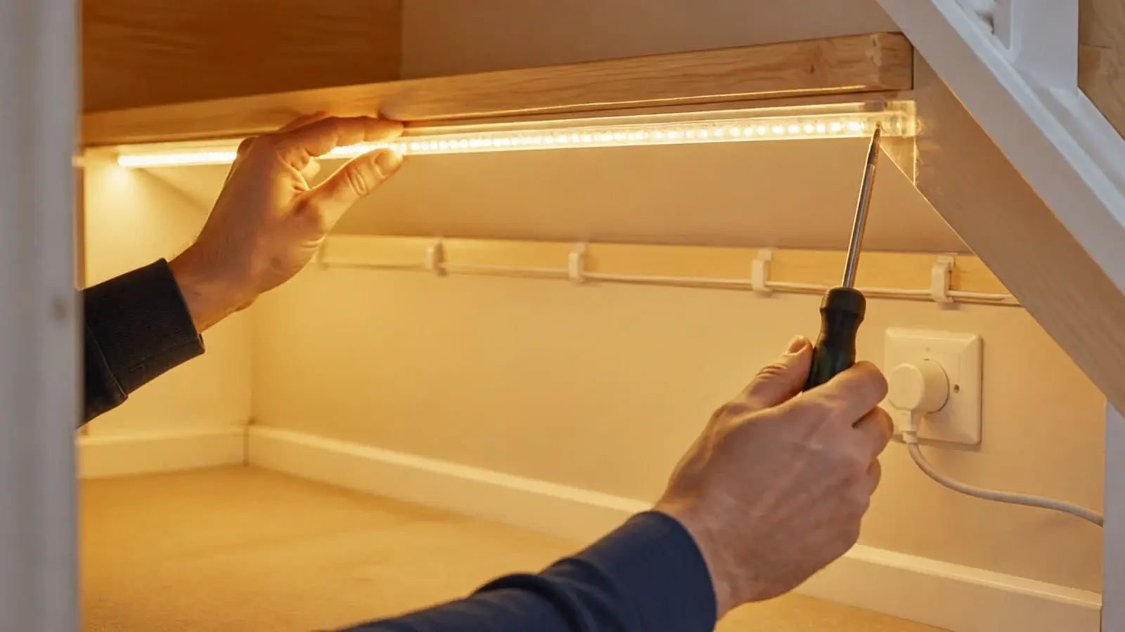 warm strip light fitted along the top edge of a stair storage opening