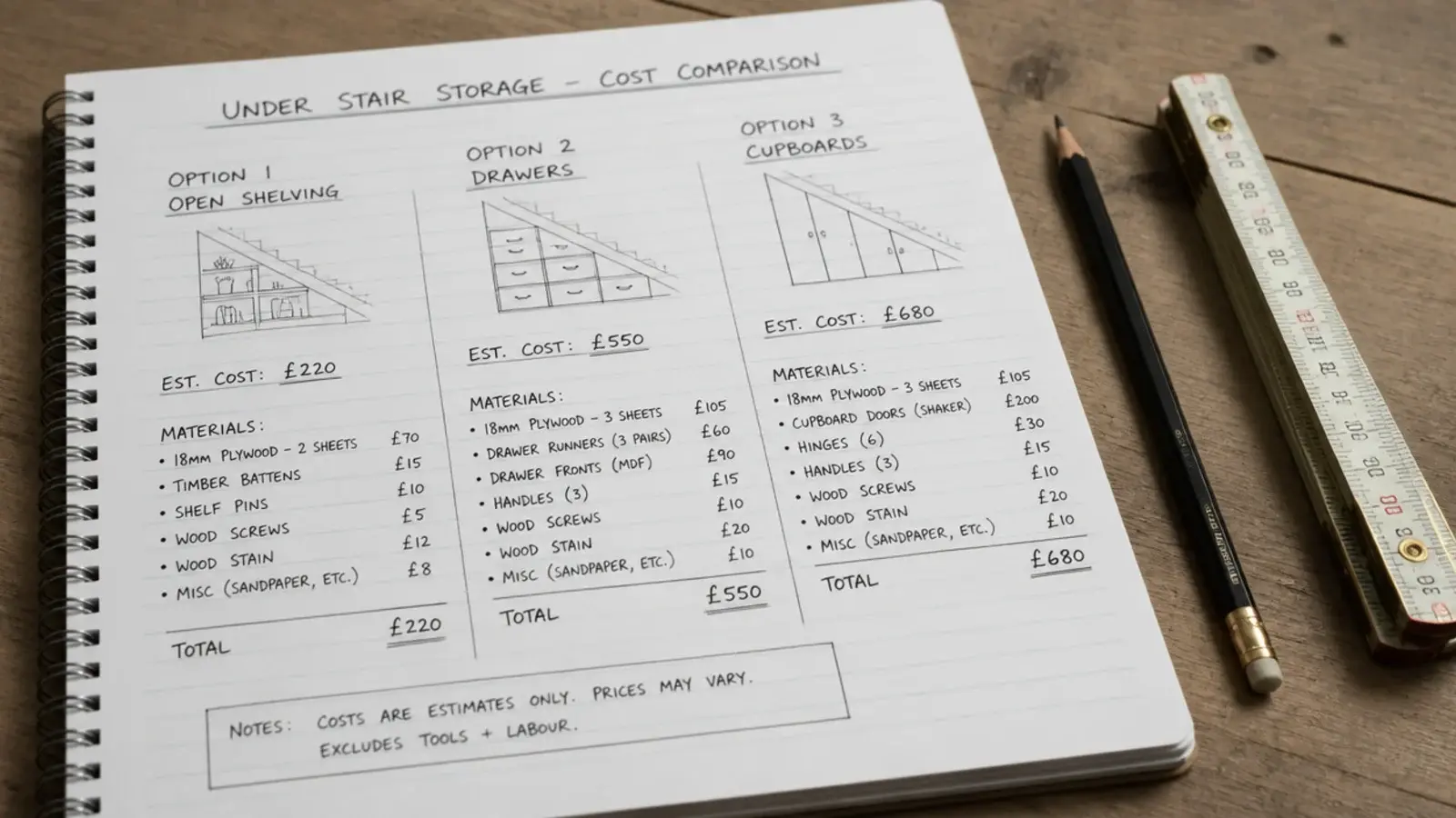handwritten cost comparison for three under stairs storage options