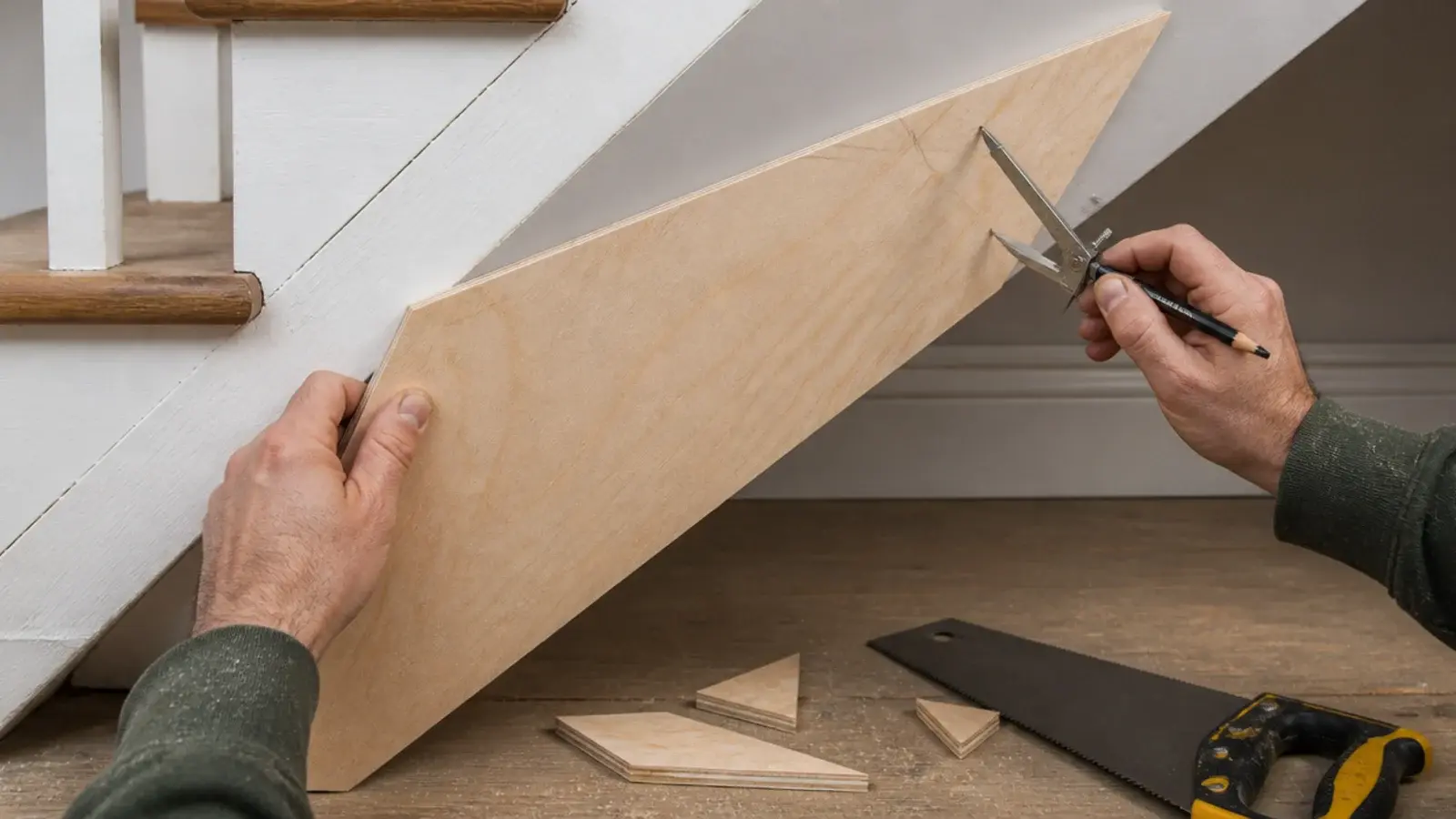 plywood panel being scribed to match the angle of a stair soffit
