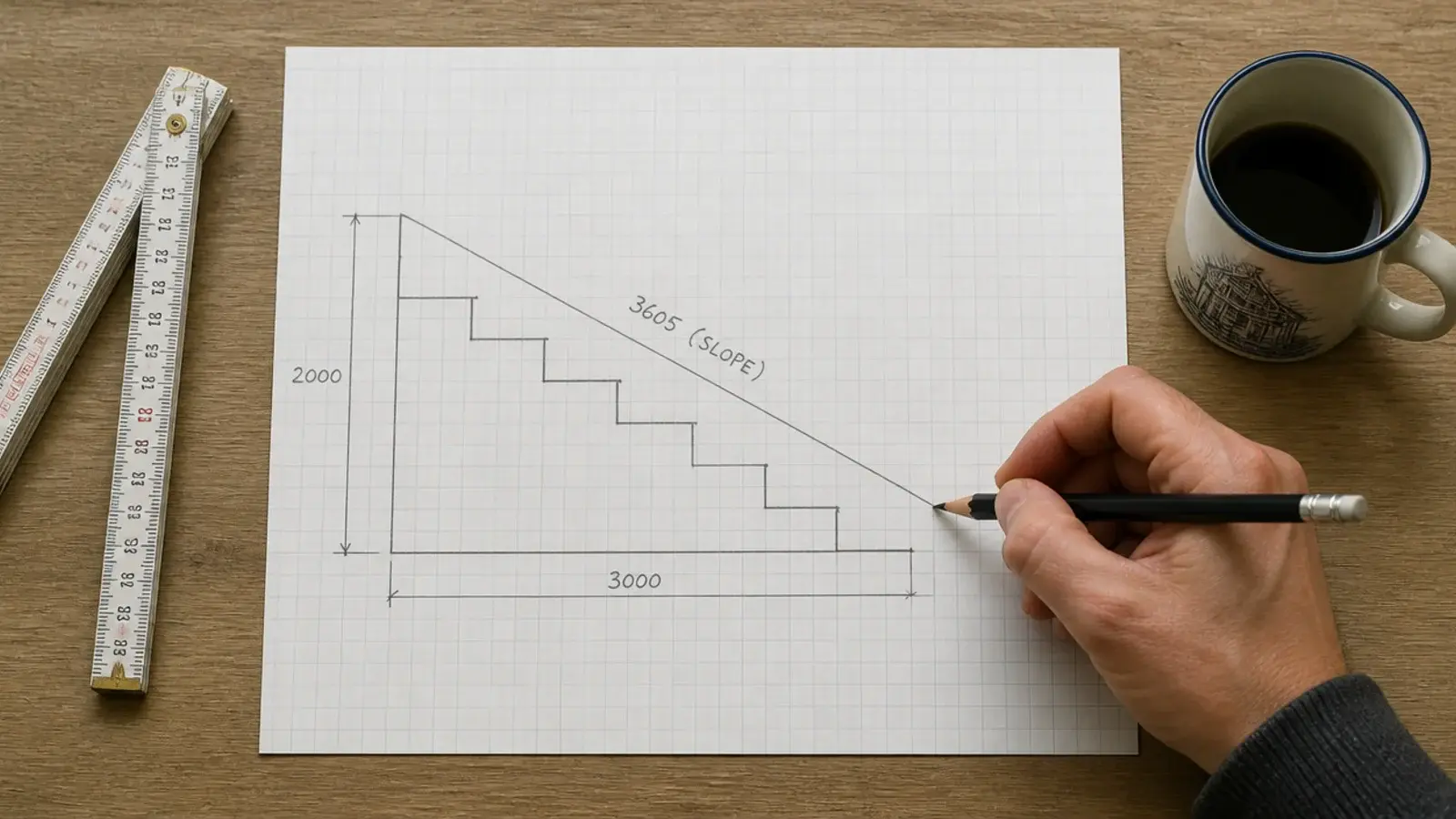 hand sketching a stair slope to scale on graph paper