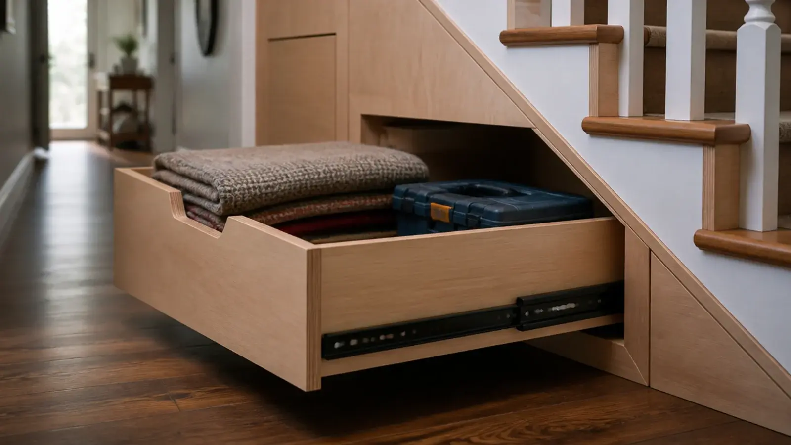 deep plywood drawer fully extended from beneath a domestic staircase
