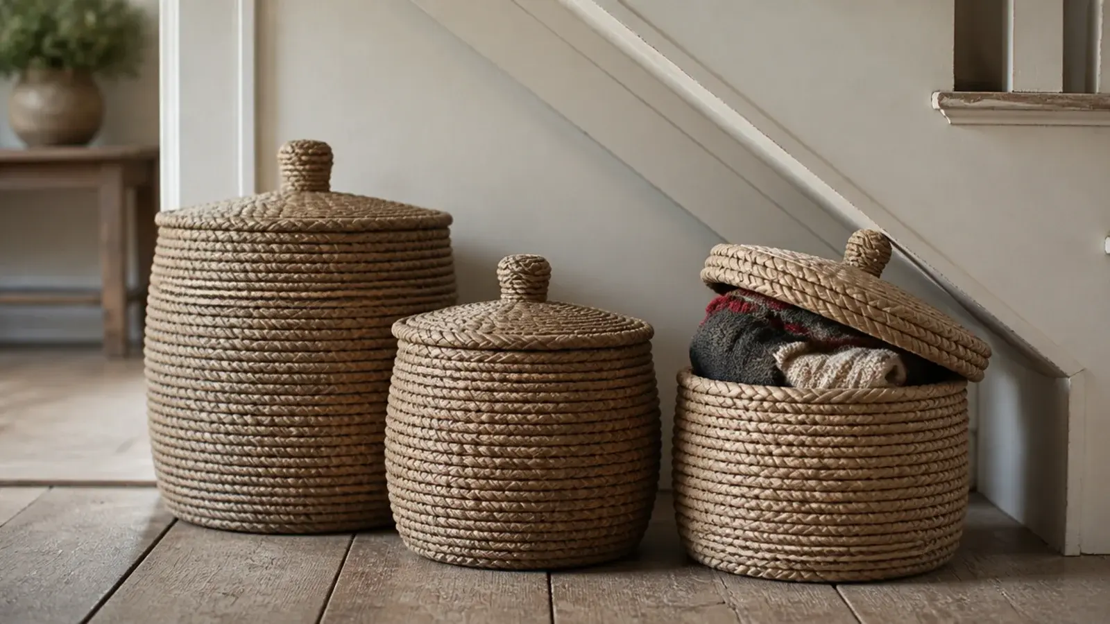 lidded seagrass baskets lined up under the lowest stair treads