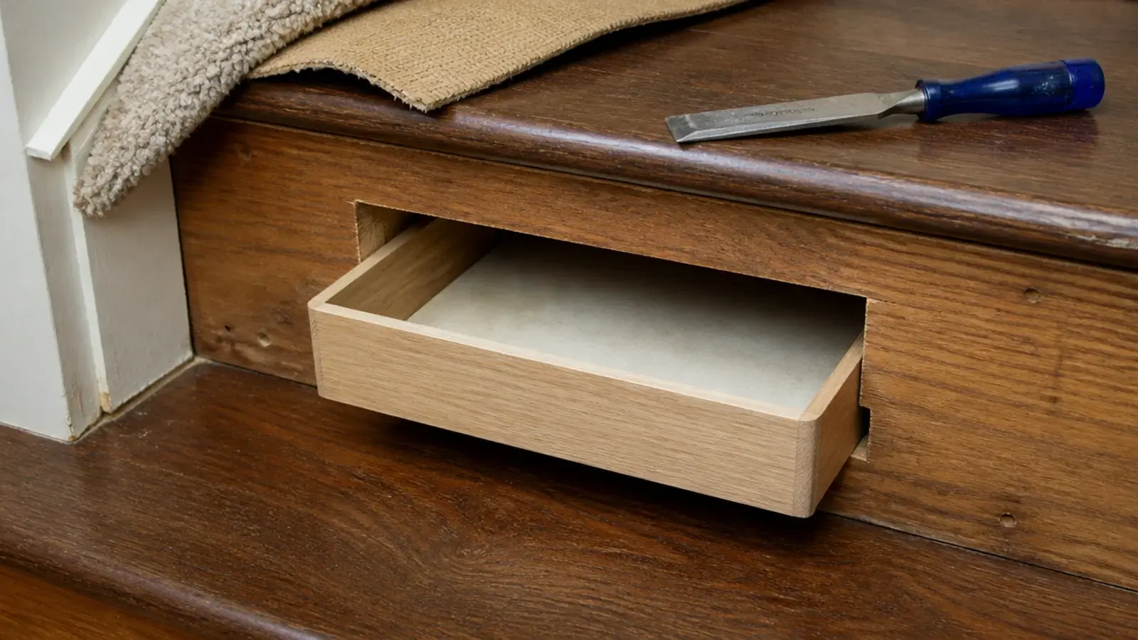 part built drawer opening cut into the riser of a carpeted stair