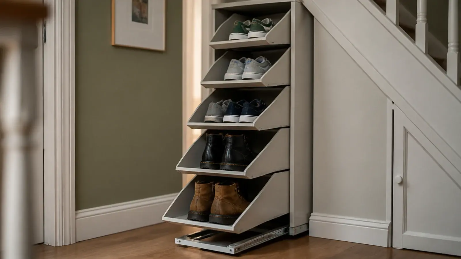 narrow shoe tower sliding out from a staircase carcass on runners