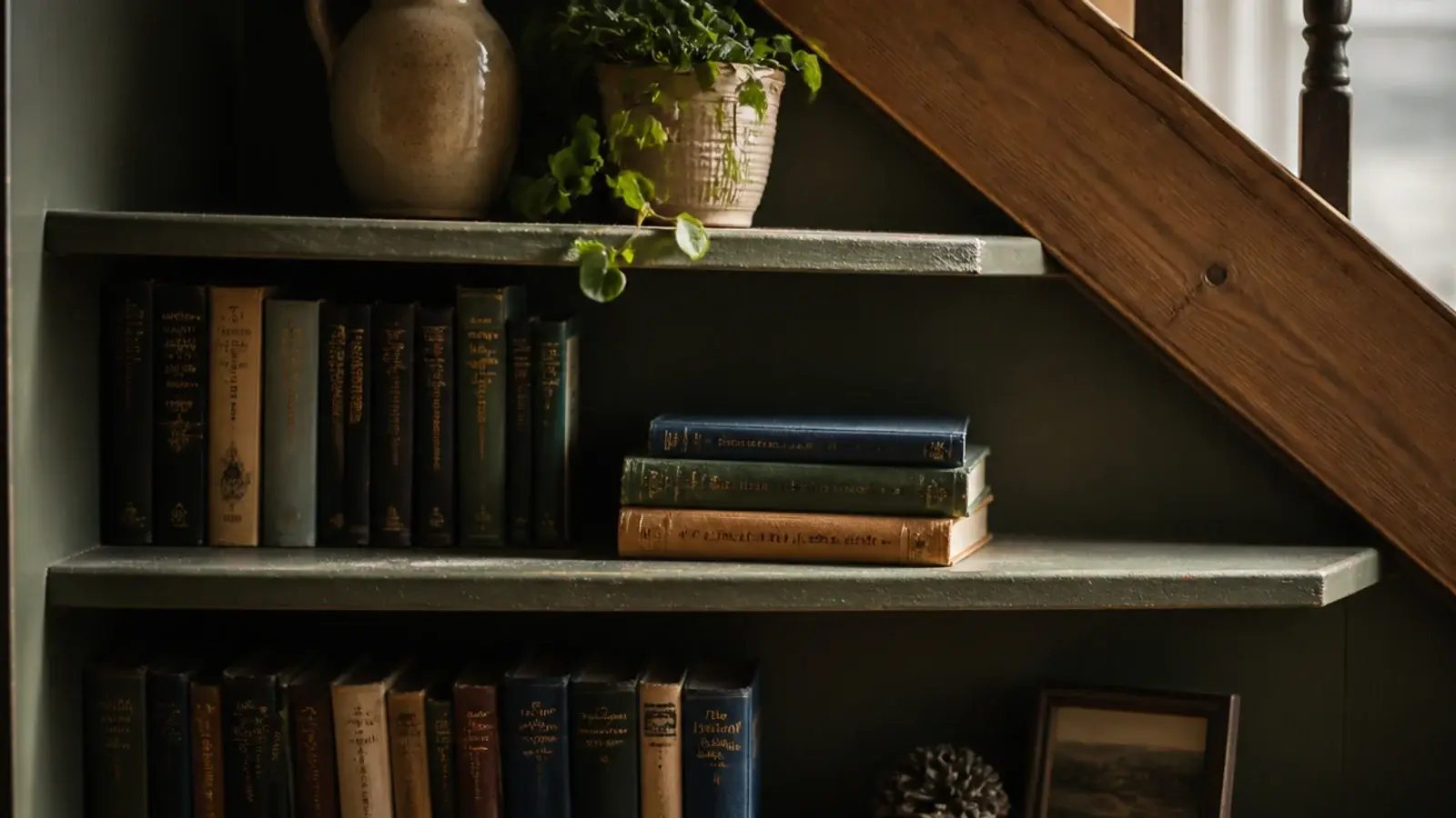 open painted shelves under a staircase holding books and ceramics