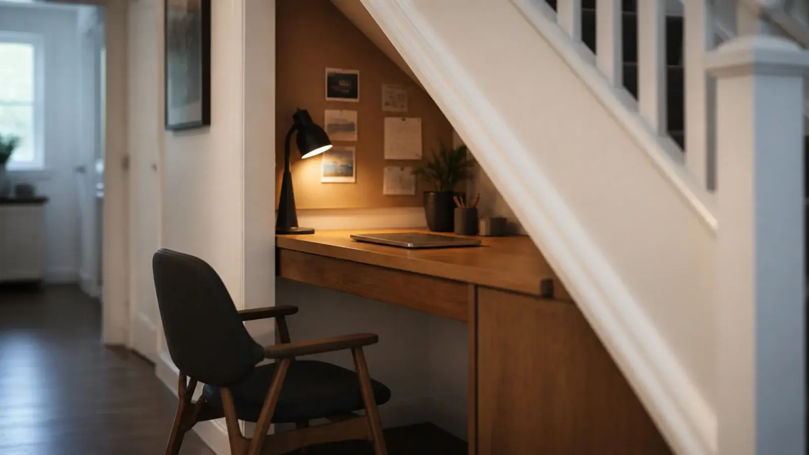 small desk and chair set into the tall end of a stair recess