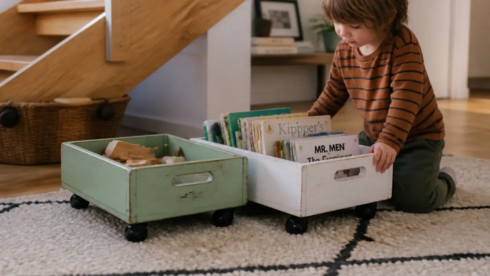 shallow toy crates on castors rolled out onto a hallway rug