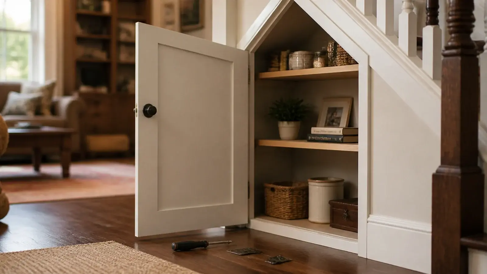 under stairs door rehung to open outward showing full shelving inside