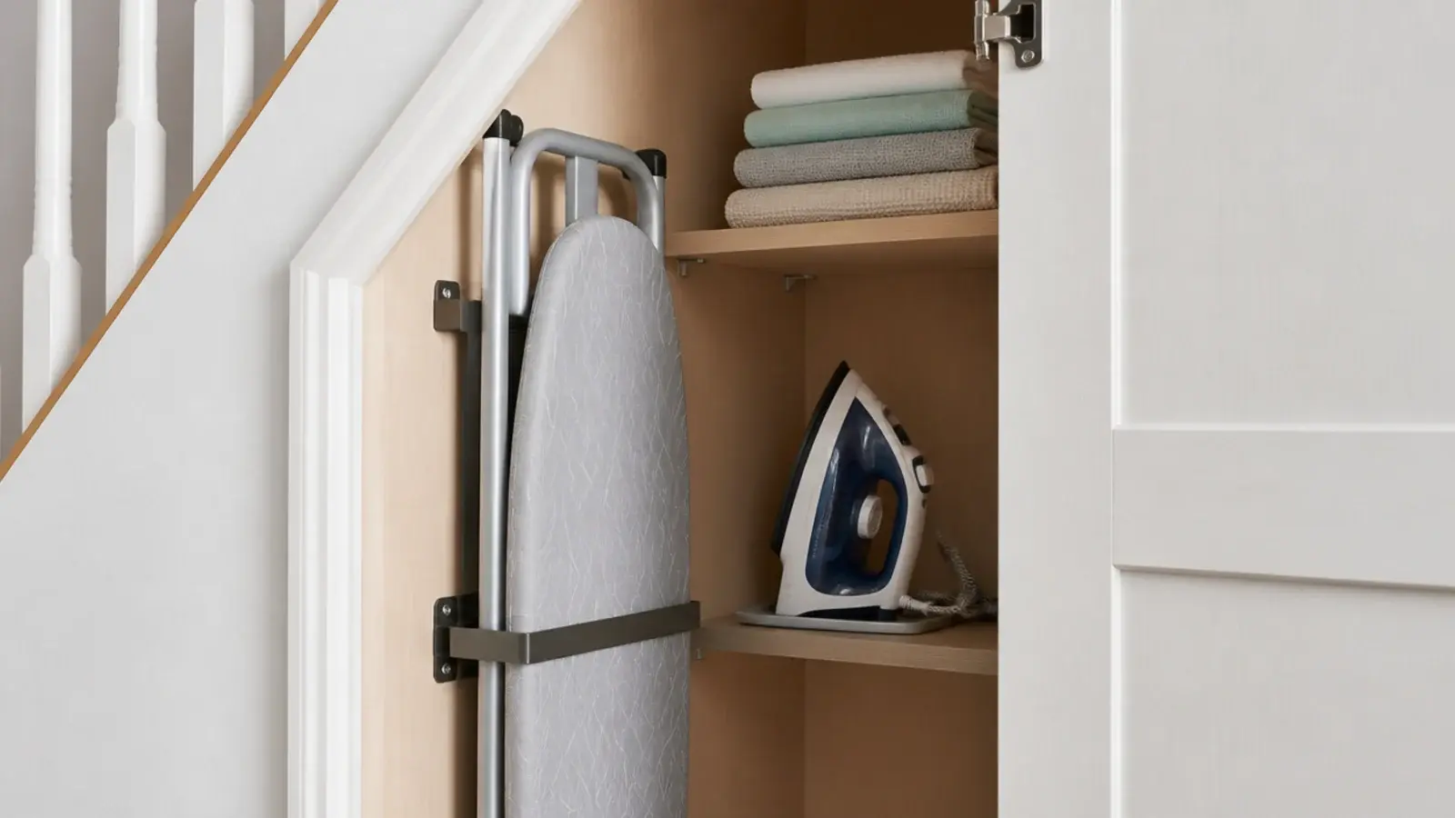 ironing board held upright in a wall bracket inside a stairs cupboard