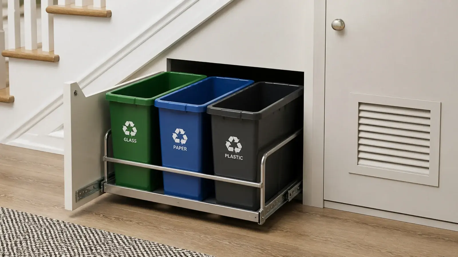 three recycling bins on a pull out frame behind a vented door