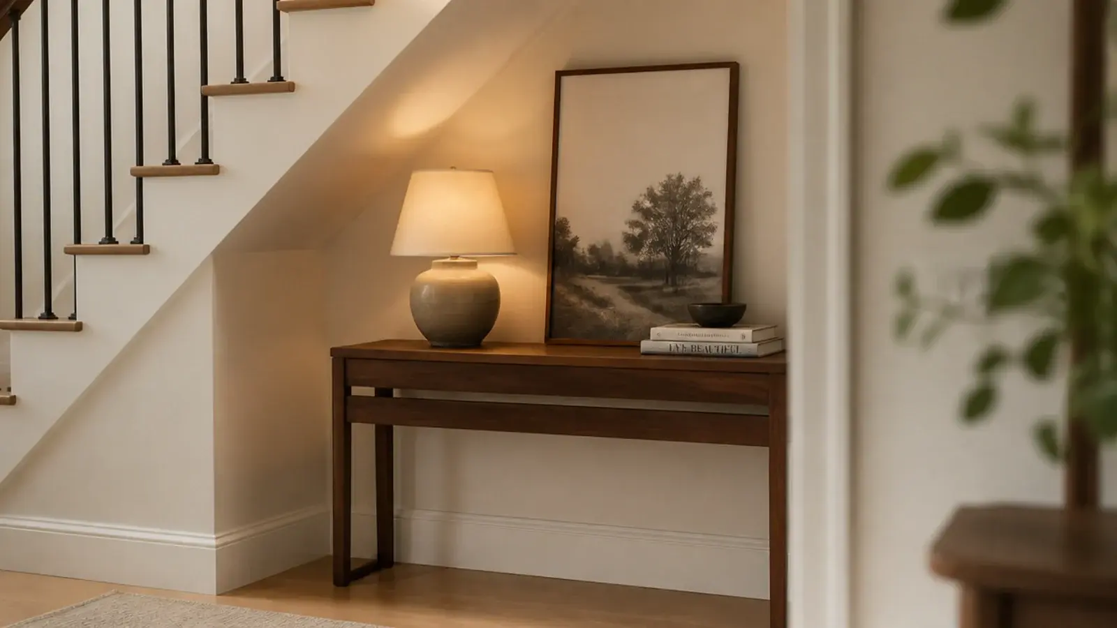 open bay beneath a staircase with a console table and framed print