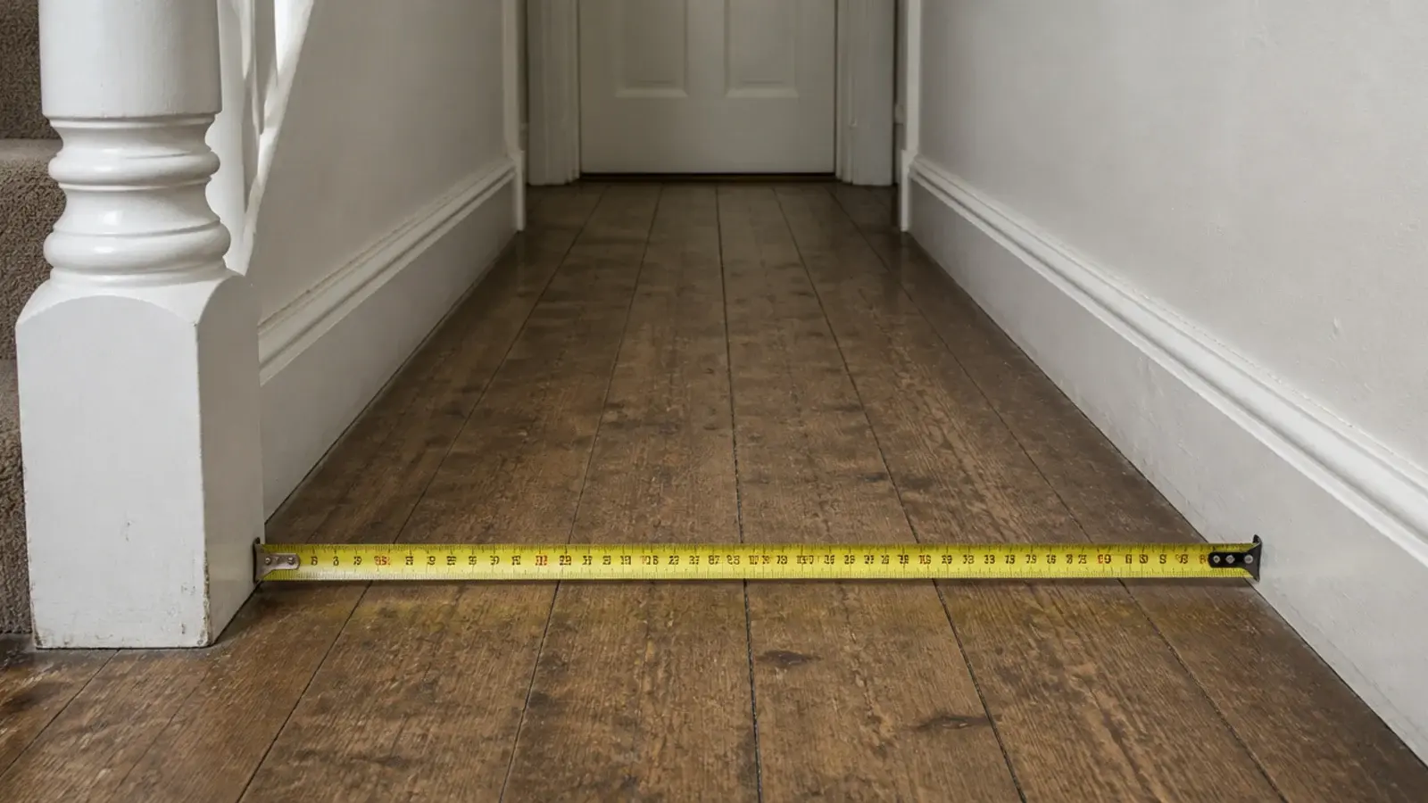 tape measure stretched across a narrow hallway beside a staircase