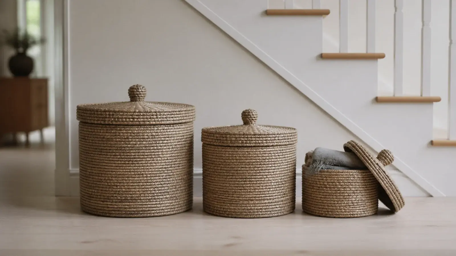 three lidded seagrass baskets lined up under the lowest stair treads