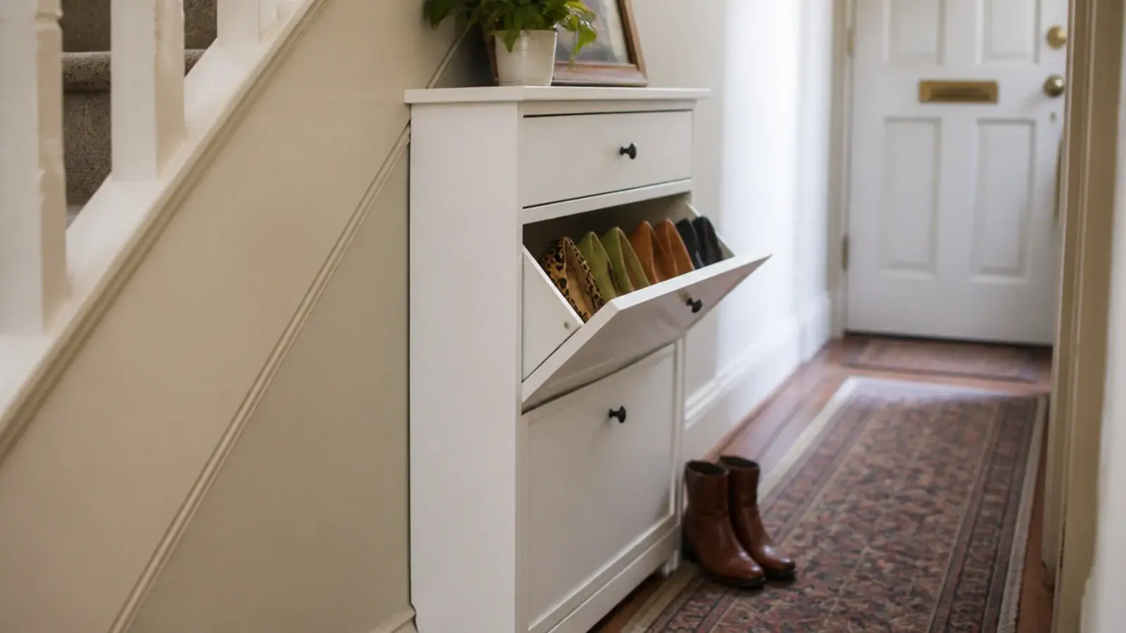 slim tilting shoe cabinet standing against the side of a staircase