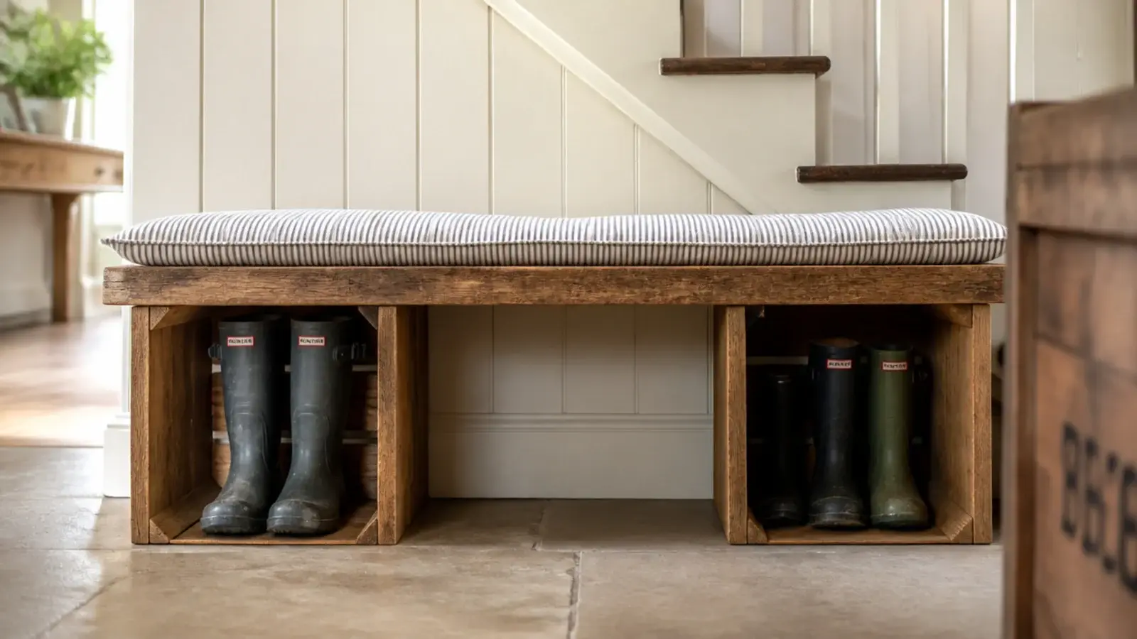 timber board laid over two crates forming a bench under stairs