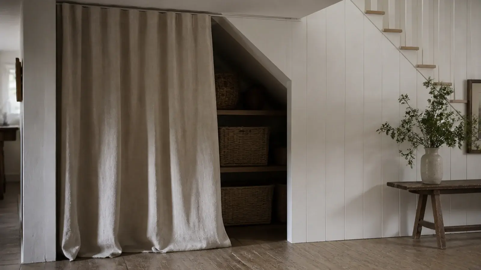 linen curtain hung on a track screening an open under stairs recess