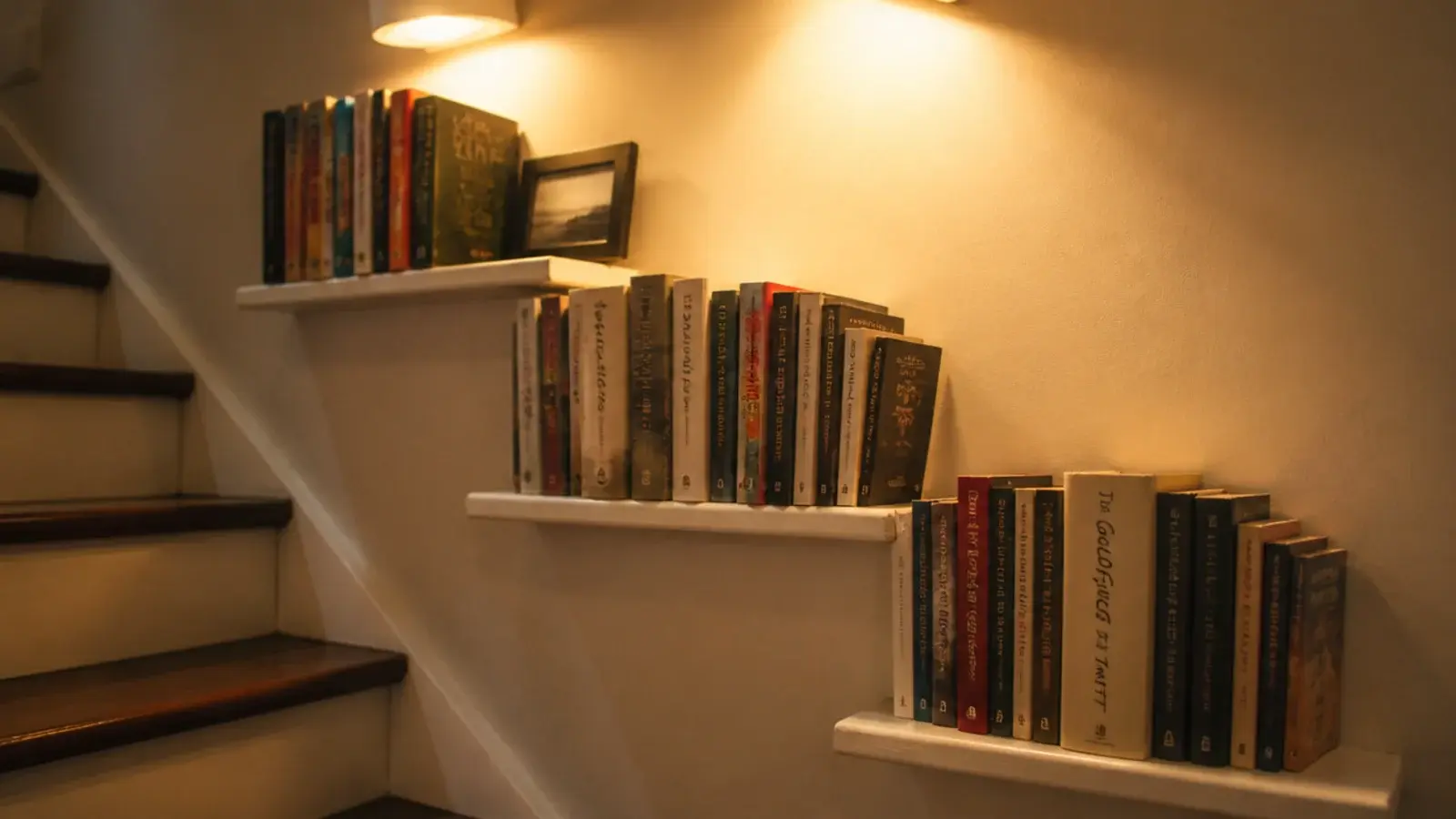 narrow picture ledges holding paperbacks along a staircase side wall