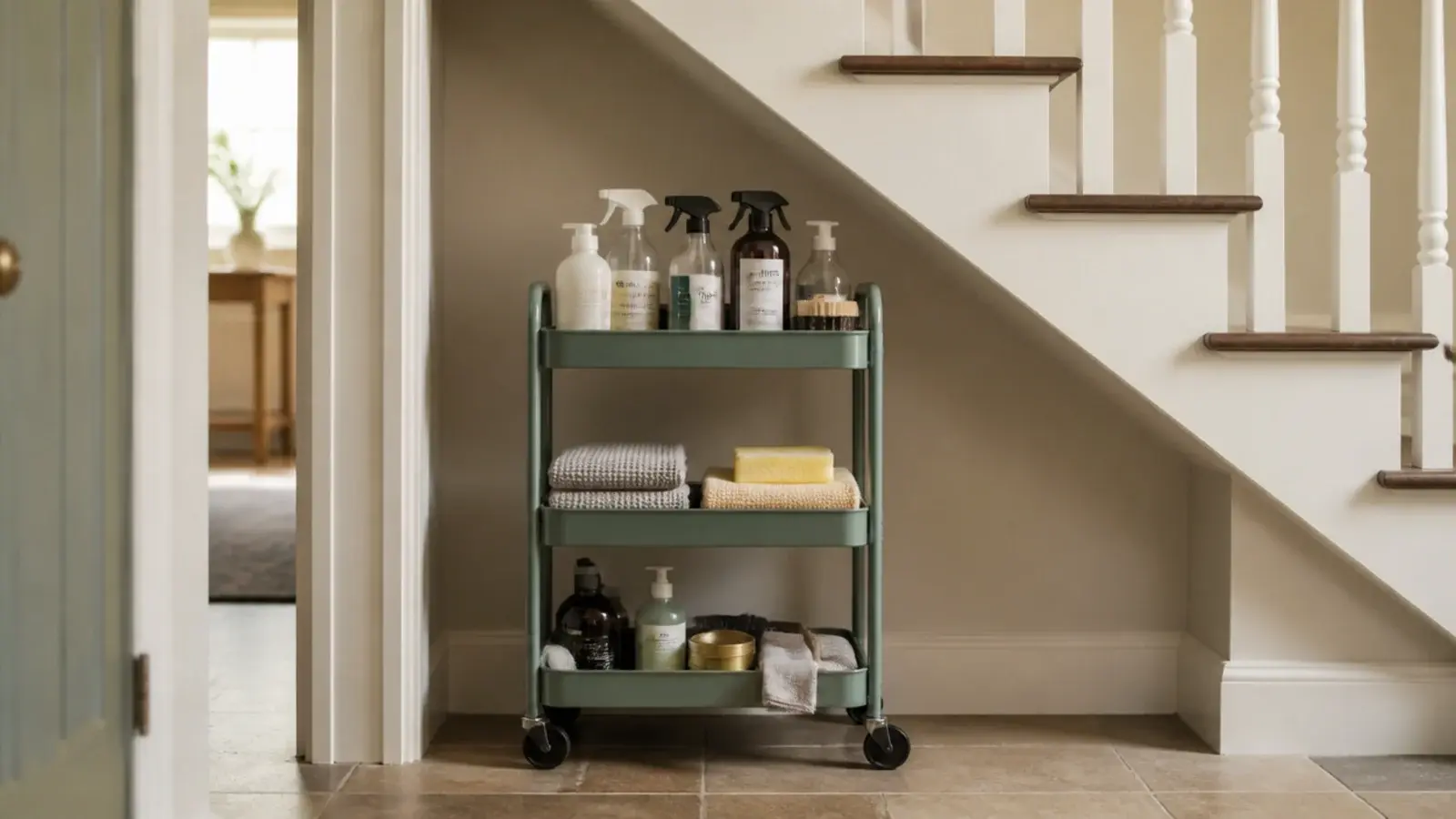 small rolling trolley parked in the middle section beneath a staircase