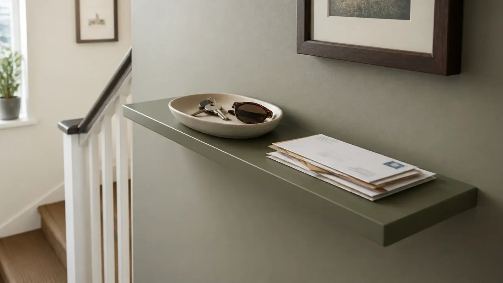 slim floating shelf at hip height under a staircase holding keys