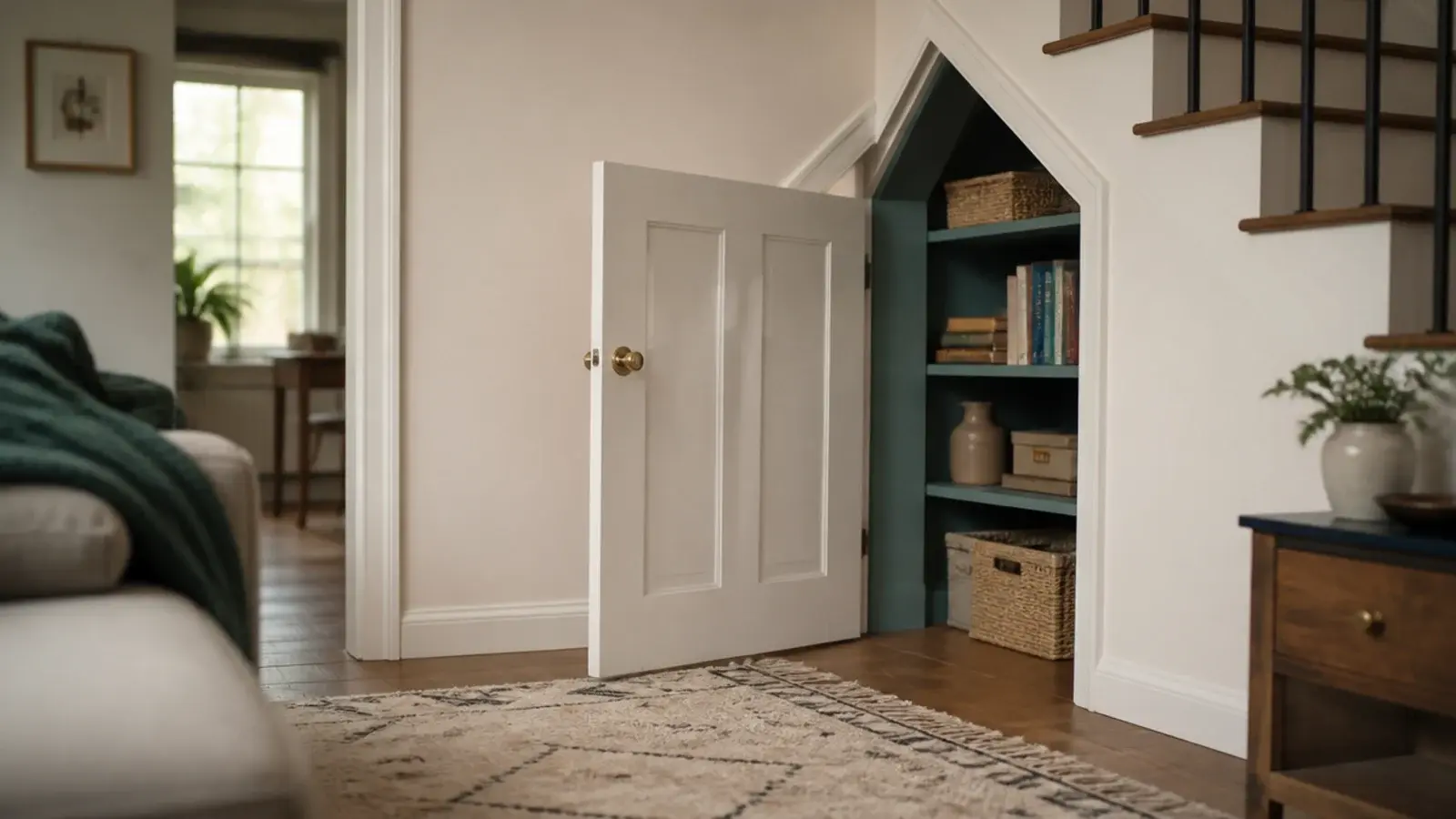 under stairs door swinging outward into a room rather than inward