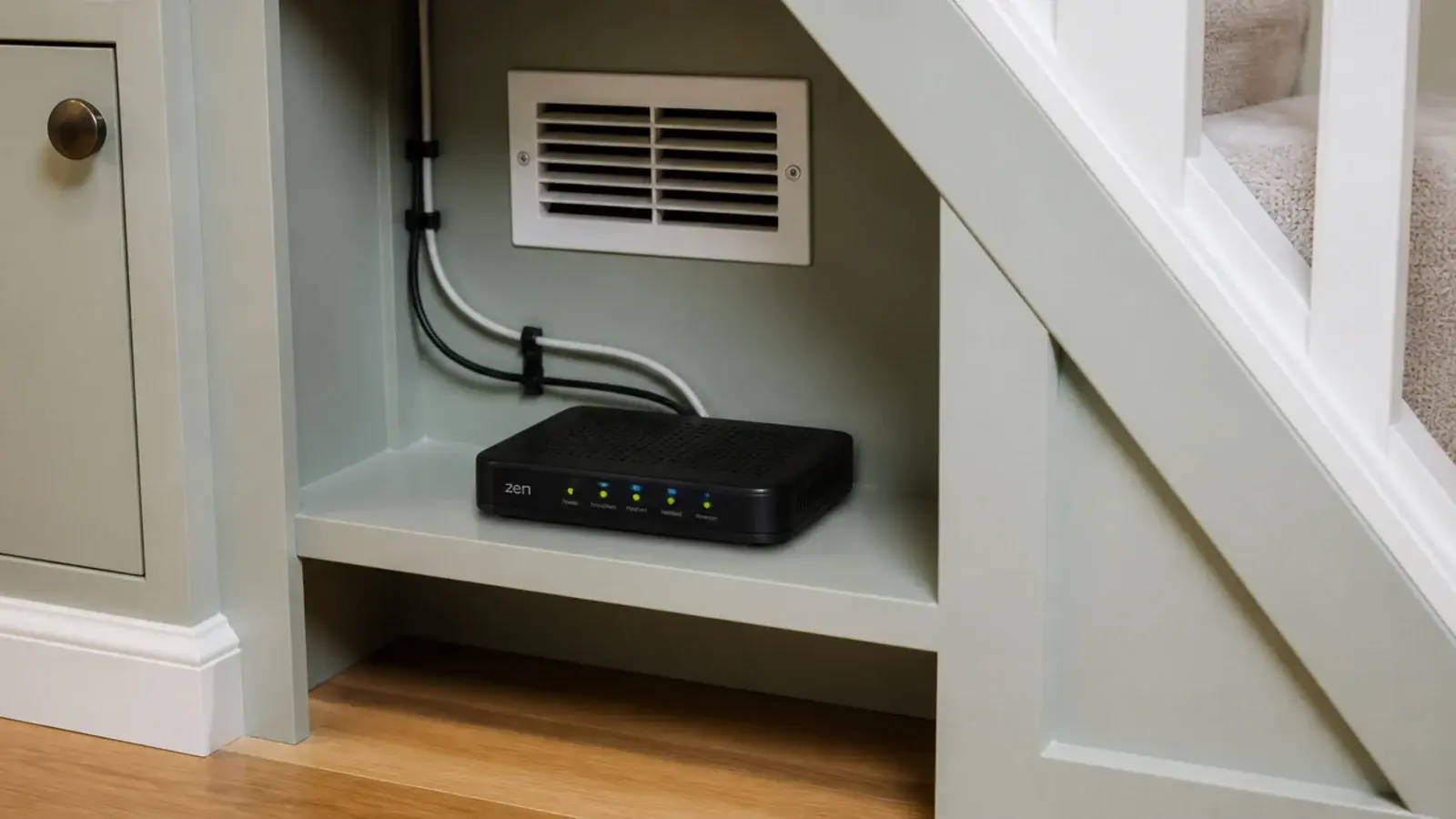 broadband router sitting on an open shelf inside an under stairs recess