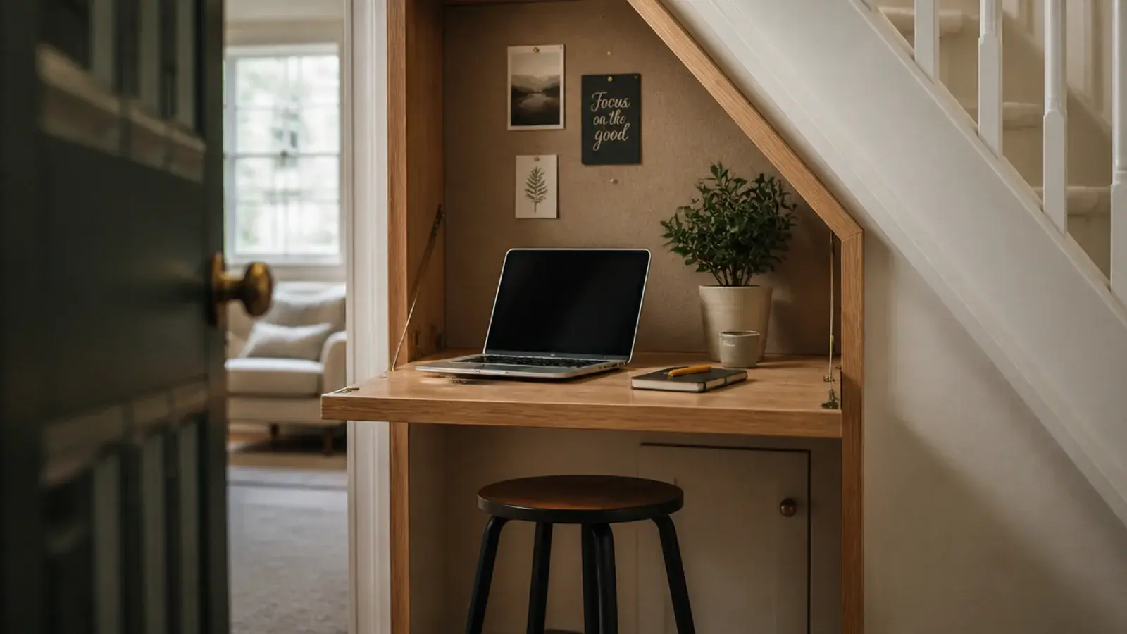 fold-down desk flap open against the tall wall under a staircase