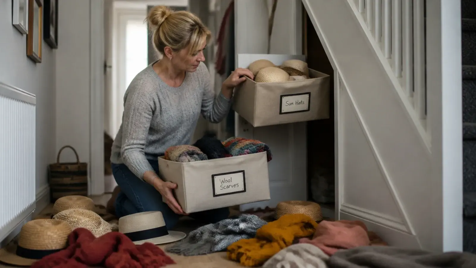 seasonal boxes being swapped over in an under stairs storage recess