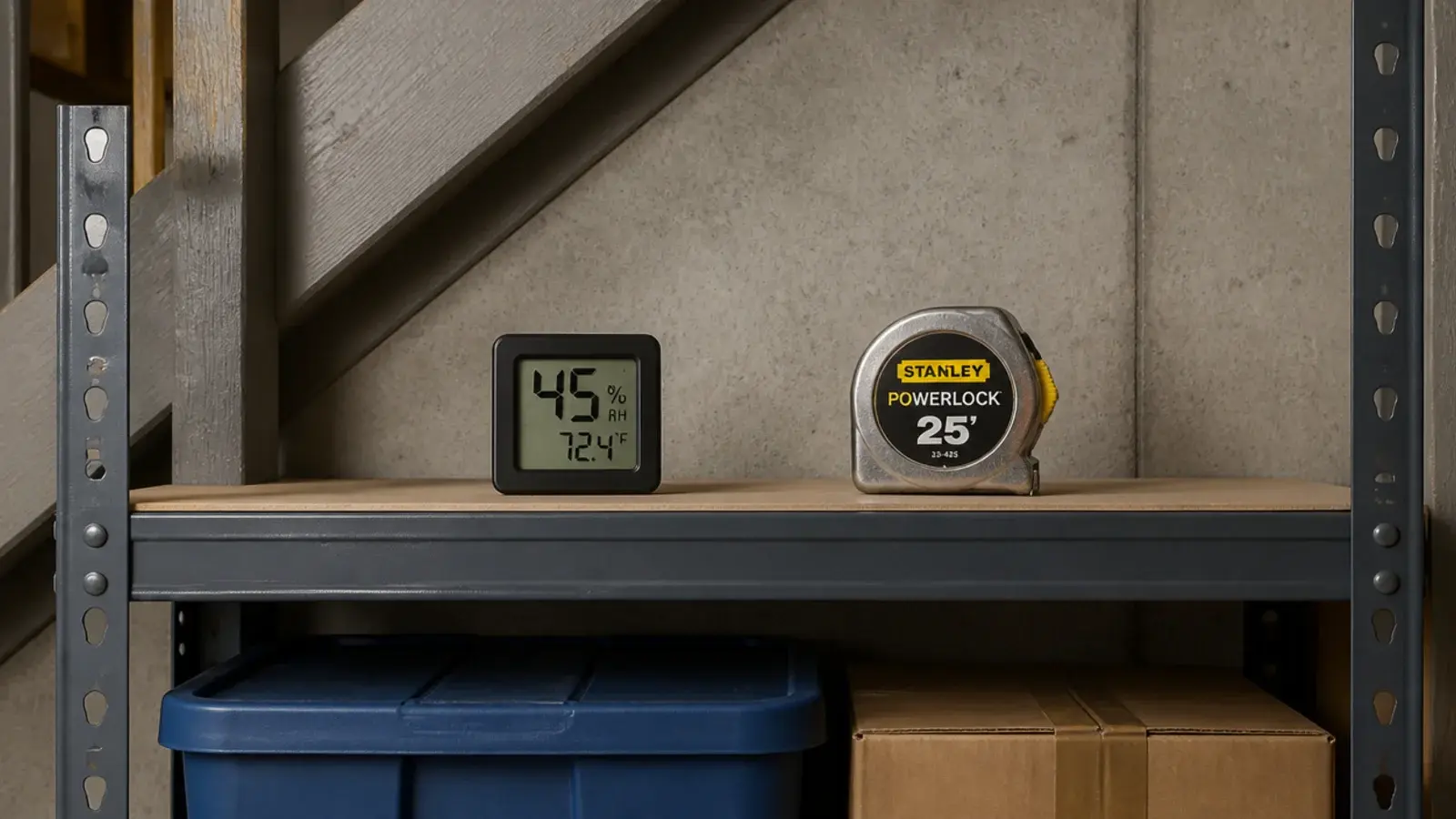 humidity gauge and tape measure resting on a basement shelving unit