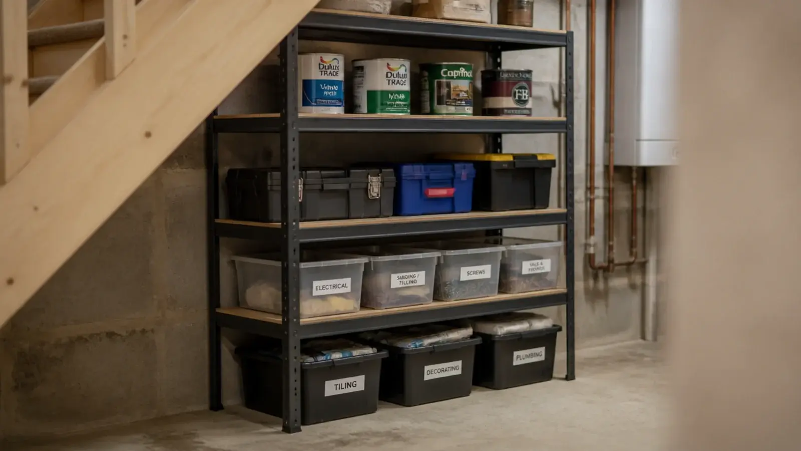 black rivet steel shelving unit assembled under a basement staircase