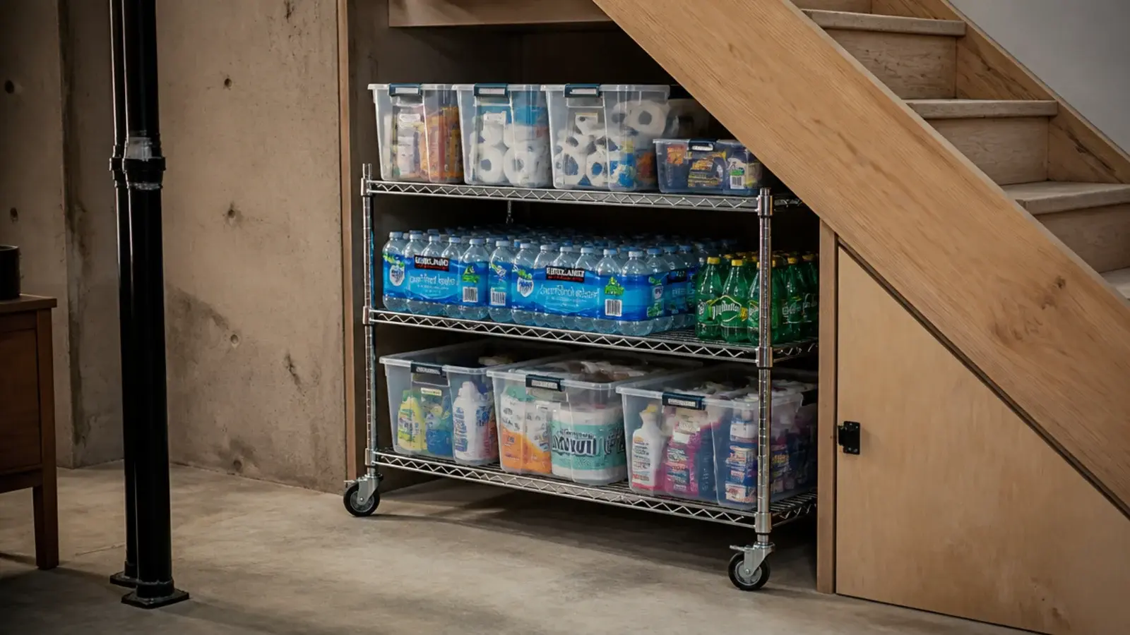 chrome wire shelving on castors rolled out from a basement stair