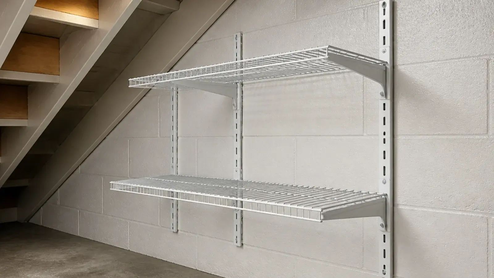 wall mounted rail and wire shelf system fitted under a basement stair