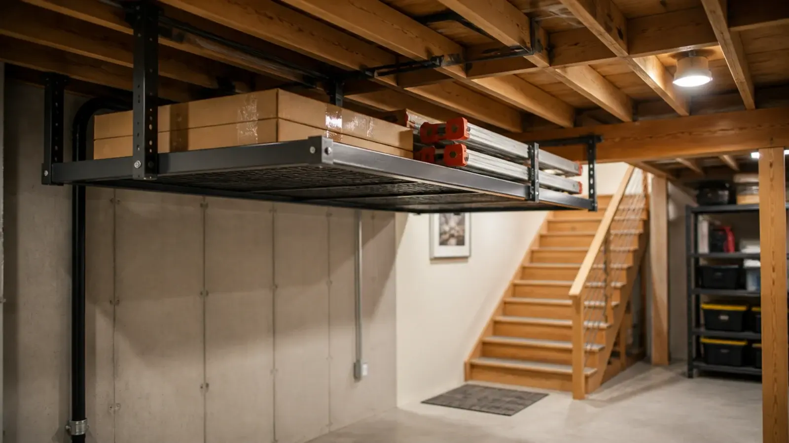 steel rack bolted to basement joists above a stair landing